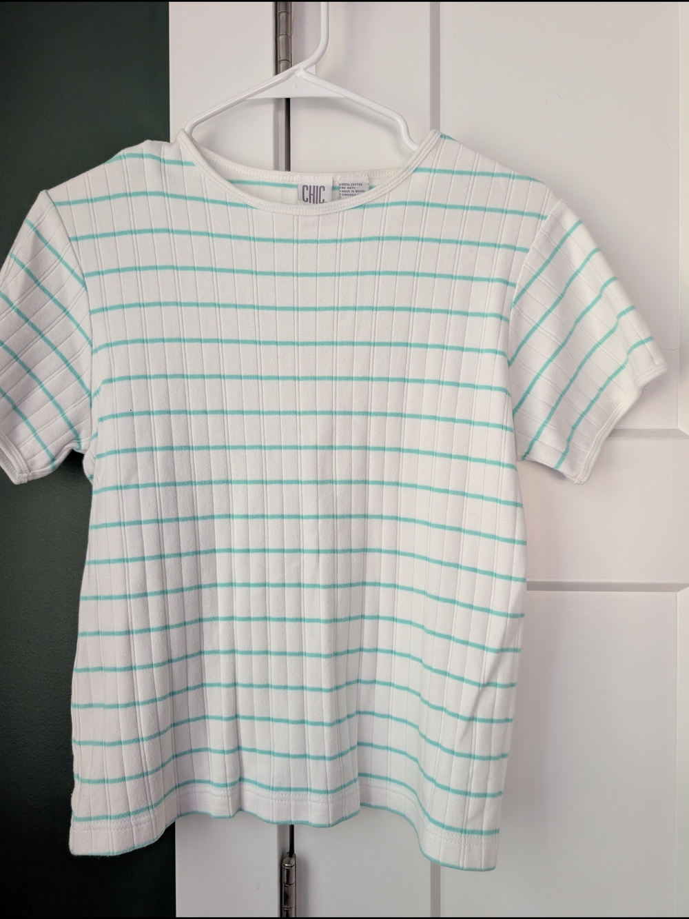 chic White Tee with Mint Stripes - Short Sleeve Ribbed Top